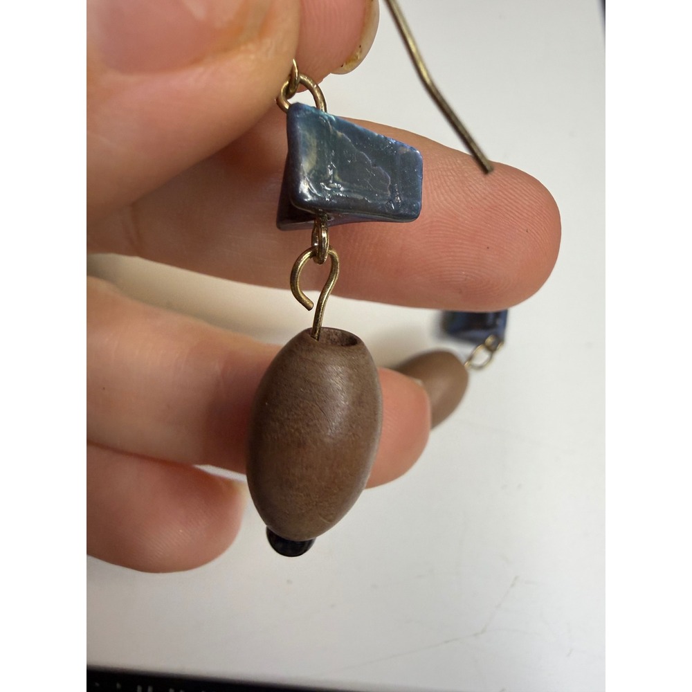Handmade Wood and Blue Stone Geometric Drop Earrings Boho Dangle Brass Hook